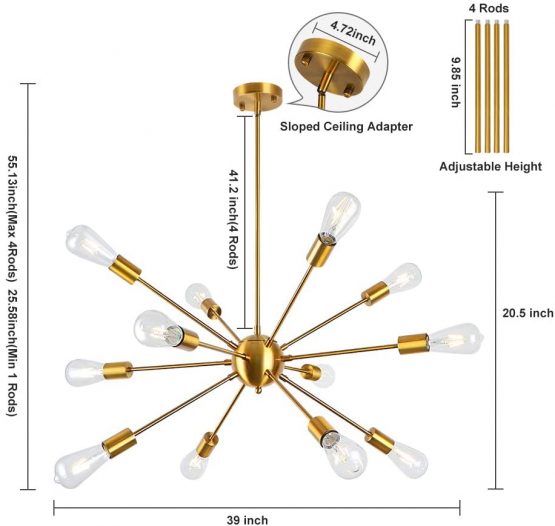 LynPon Sputnik Chandelier Gold Modern Brass Pendant Ceiling Light 12 Lights Industrial Lighting Fitting for Kitchen Dining Living Room Bedroom - Image 3