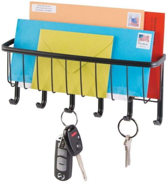 mDesign Mail Holder with Key Hooks - Modern and Practical Mail Basket with Key Storage - Mail Organiser Basket with Key Hanger - Matte Black