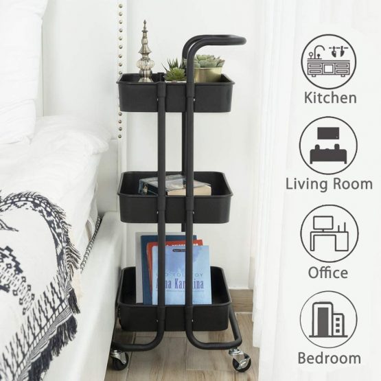 Storage Trolley Cart - 3 Tier Rolling Utility Organizer Rack, Craft Art Cart, Multi-Purpose Organizer Shelf, Tower Rack Serving Trolley for Office Bathroom Kitchen Kids’ Room Laundry Room, Black - Image 2
