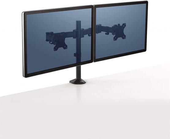 Fellowes Reflex Series Dual Monitor Arm - Ergonomic VESA Compliant Adjustable Stand with Tilt, Swivel, Rotation Functions - Cable Management System, Max Monitor Size 27", Max Weight 8KG - Black