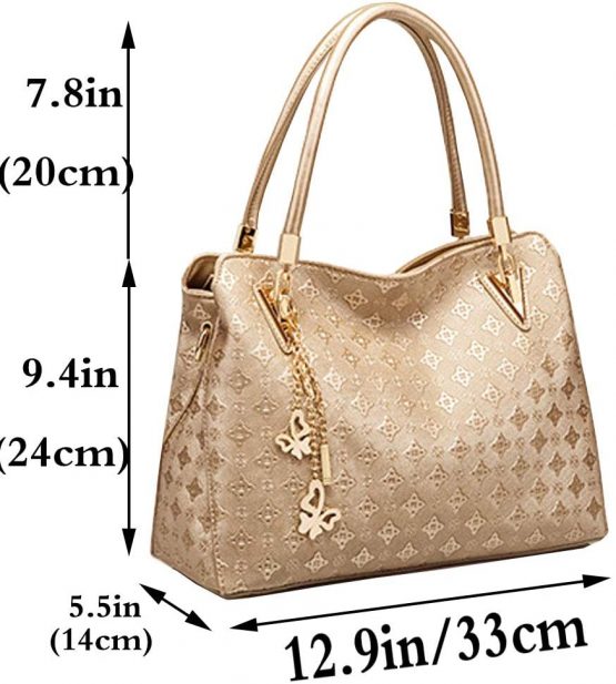 FiveloveTwo Women PU Ladies Handbag Purse Tote Satchel Shoulder Bag Tassel Print 4pcs Set Top Handle Bag Clutch Card Holder Gold - Image 2