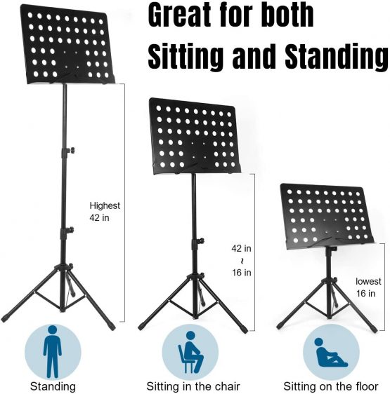 Music Stand for Sheet Music Sturdy Tripod Base Adjustable Height Metal Portable with Carrying Bag LED light Paper Holder - Image 3