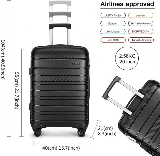 Kono Lightweight Polypropylene 55cm Cabin Suitcase TSA Lock 20" Carry On Hand Luggage with 4 Spinner Wheels 40L (Black) - Image 2