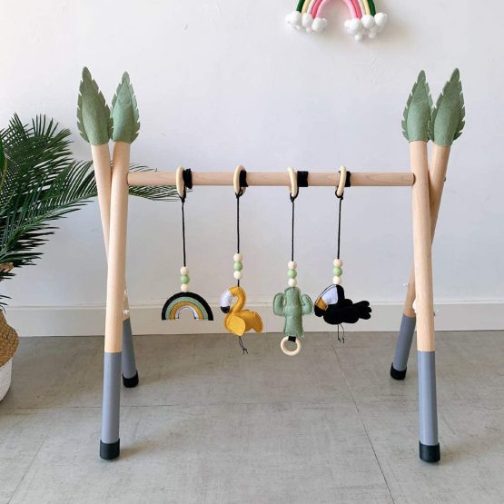 HB Baby Wooden Play Gym with 4 PCS Pendant Toys 4 PCS Covers Handmade Foldable Frame + 4PCS Teethers + 4PCS Leaf Hats Rattle Rings Sensory Toy Activity Gift (Grey&Green) - Image 2