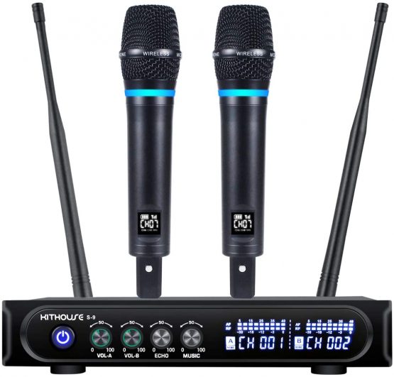 Kithouse S9 UHF Rechargeable Wireless Microphone System Karaoke Microphone Wireless Mic Cordless Dual with Bluetooth Receiver Box + Volume Control ECHO for Karaoke Singing Speech Meeting Church