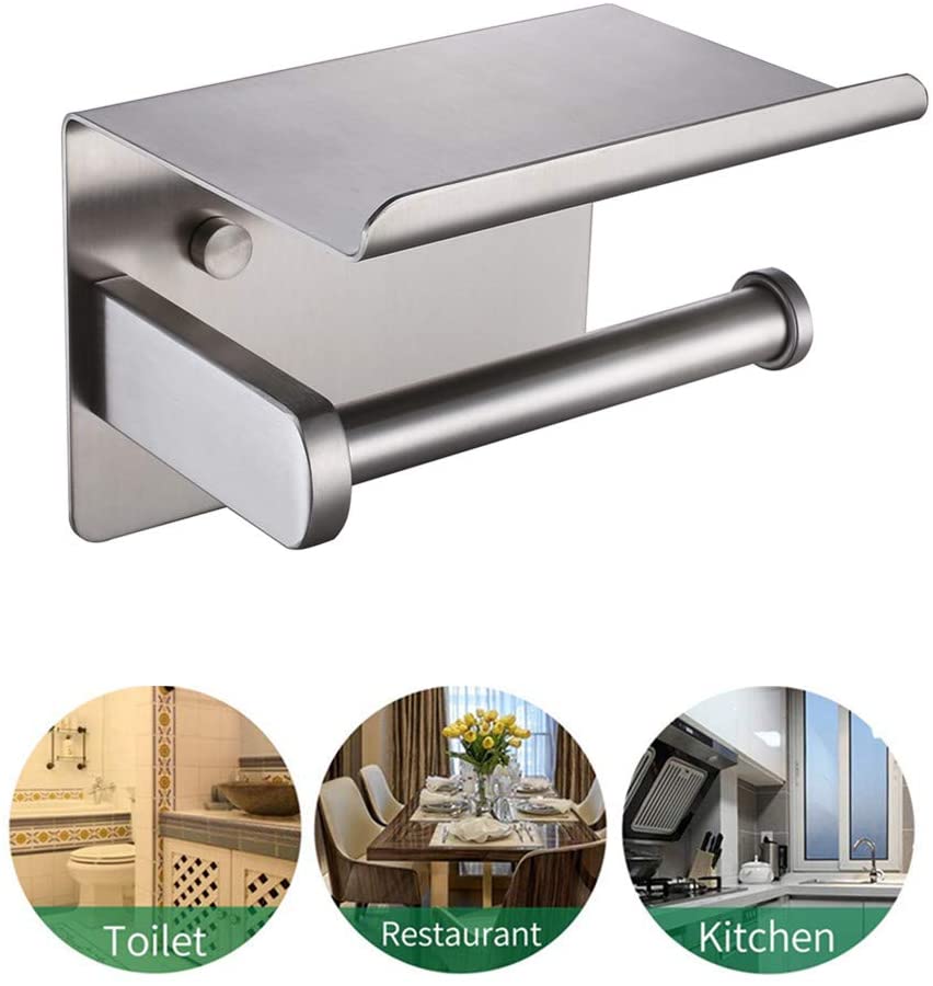 HomeHeng Toilet Paper Roll Holder with Shelf,SUS304 Stainless Steel,Brushed Modern Roll Tissue Holder,Self Adhesive and Wall Mounted,Bathroom Kitchen Accessories F928-03D - Image 3