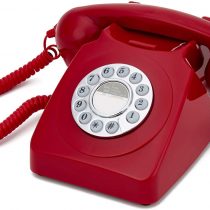 GPO 746 Push-Button Retro Landline Phone, Vintage Landline Telephone for Home, Office, Retro Phones with Authentic Bell Ring and Curly Cord, Red