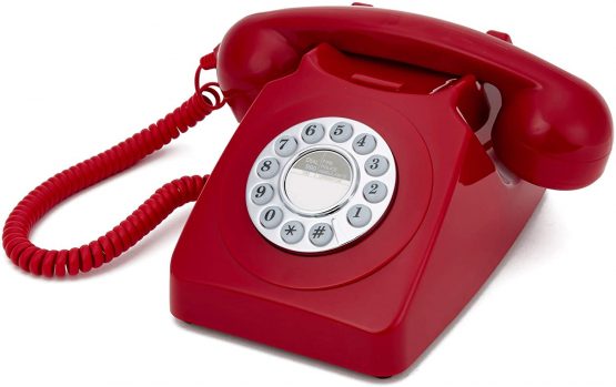 GPO 746 Push-Button Retro Landline Phone, Vintage Landline Telephone for Home, Office, Retro Phones with Authentic Bell Ring and Curly Cord, Red