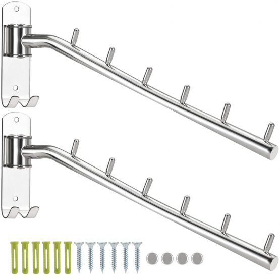 Bosszi 2-Pack Wall Mounted Clothes Hanger Rack, Stainless Steel Brushed 180°Folding Garment Hooks with Swing Arm Holder, Space Saving Clothing Organizer Used for Bedrooms, Laundry Rooms or Bathrooms