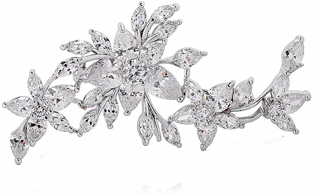 GULICX White Gold Plated Zircon Flower Blossom Diamante Brooch Badge Pin Wedding for Women, 6.1 cm x 6.1 cm x 3.3 cm