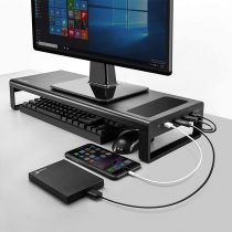 Vaydeer Monitor Stand with Wireless Charging and 4 USB 3.0 Ports, Metal Computer Stand Riser for Desk, Aluminum PC Screen Stand for Office, Laptop, Computer, iMac, Printer up to 32 Inches - Black