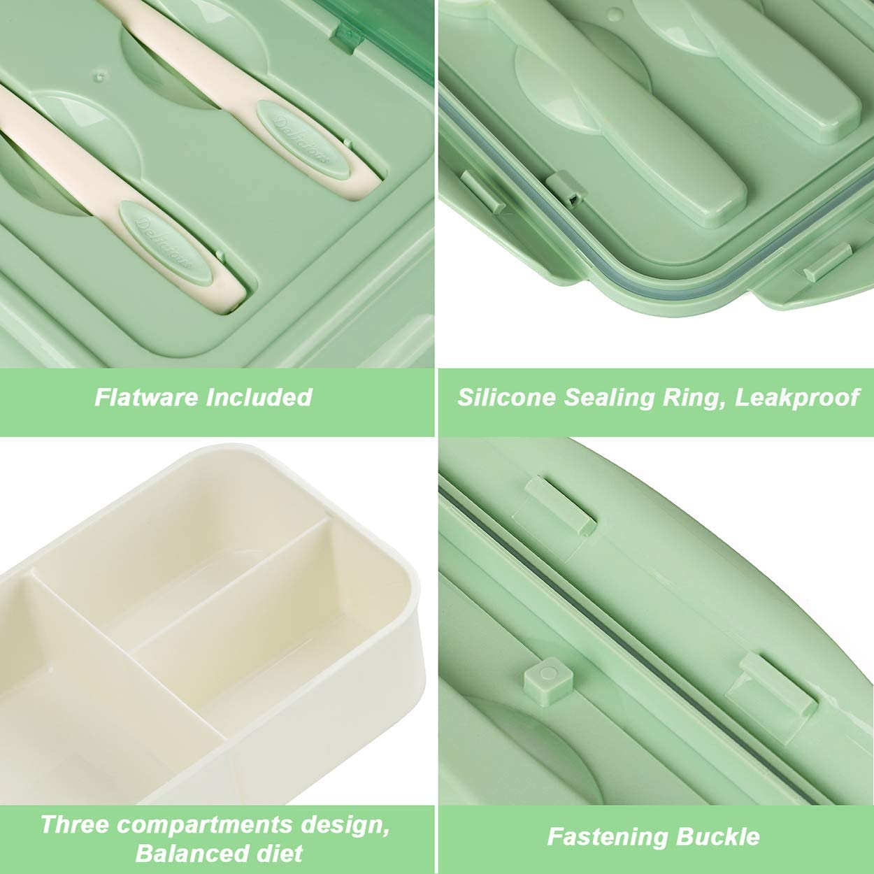 BIBURY Lunch Box, Leakproof Bento Box for Kids Adults Food Container with 3 Compartments and Cutlery Set, BPA Free - Image 4
