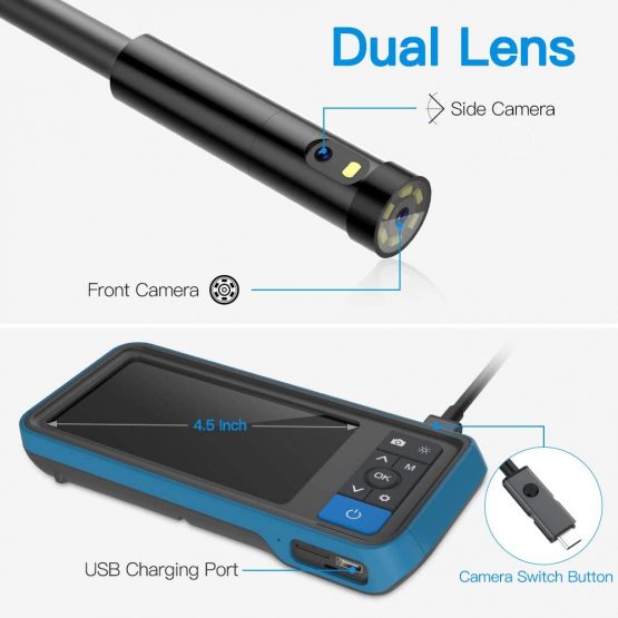 Teslong 1080P HD Dual Lens Endoscope, Inspection Camera with 6 LED Lights, Industrial Borescope with 4.5 Inch Screen, Waterproof endoscope Camera, Semi-Rigid Snake Camera, 32 GB TF Card (16.4 ft) - Image 2