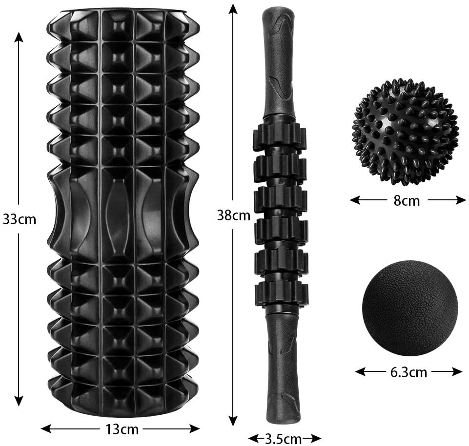 SACONELL 4 in 1 Black Foam Roller & Massage Stick Set Deep Tissue Foam Roller Kit with 2 Massage Balls and A Massage Roller Stick for Fitness Yoga - Image 2