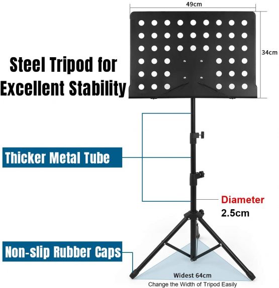 Music Stand for Sheet Music Sturdy Tripod Base Adjustable Height Metal Portable with Carrying Bag LED light Paper Holder - Image 2