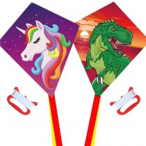Diamond Kite 2 Pack, Dinasour + Unicorn Eddy Kite, Single Line Kite for Children, Wonderful Beginner Kite for 3 years up, 60x70cm with 2x300cm long tails, Kite handle, 60m String and swivel included.