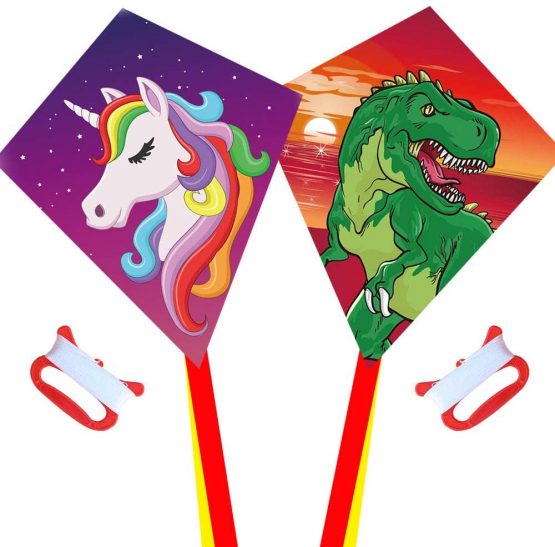Diamond Kite 2 Pack, Dinasour + Unicorn Eddy Kite, Single Line Kite for Children, Wonderful Beginner Kite for 3 years up, 60x70cm with 2x300cm long tails, Kite handle, 60m String and swivel included.