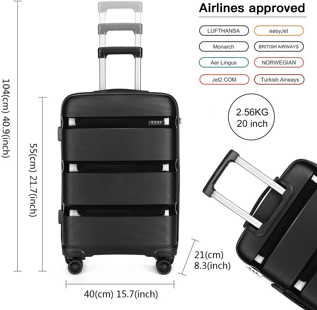 Kono Luggage Sets 3 piece Hard Shell 20/24/28 Inch Suitcase with 4 Spinner Wheels Lightweight Polypropylene Travel Trolley (Black) - Image 2