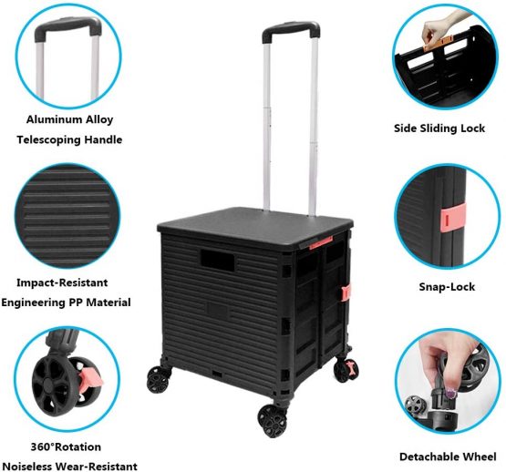 Foldable Shopping Trolley Box on Wheels with Lid Wear-Resistant Noiseless 360°Rotate Wheel & Adjustable Aluminum Alloy Handle Folding Boot Cart, 45KG/99LBS Load Capacity, Portable Durable Trolley - Image 4