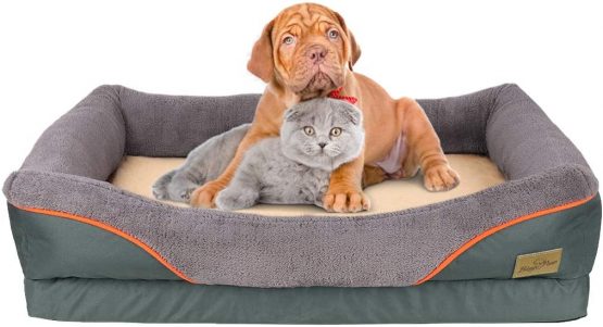 Bingopaw Large Memory Foam waterproof Dog Bed, Fleece Soft Couch Dog Bed Comfortable Pet House Bed with Cotton-padded Bolster and Removable Cover