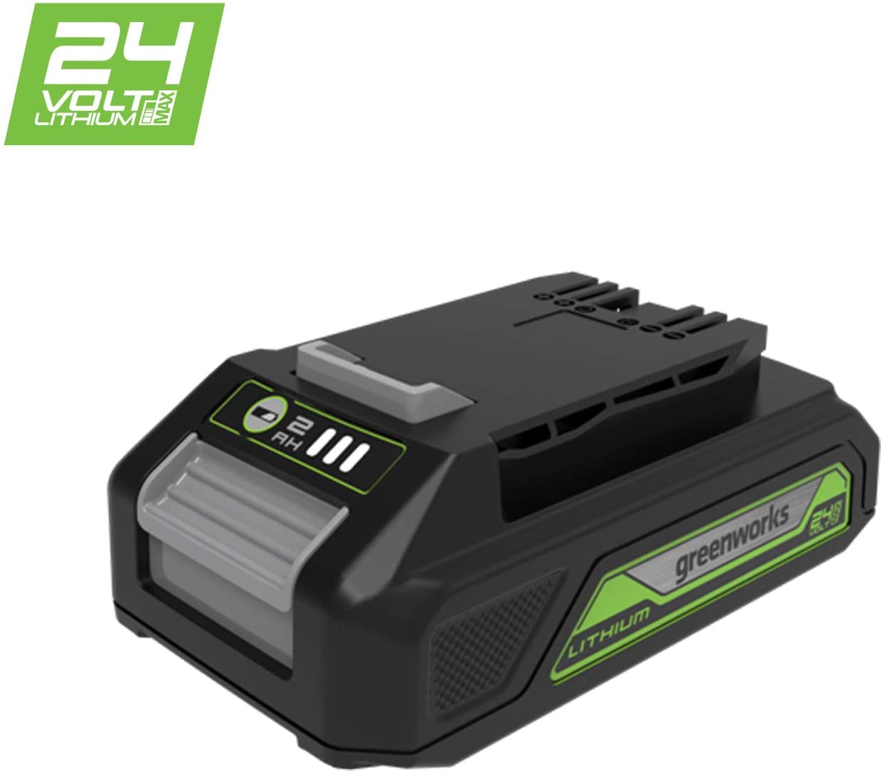 Greenworks 24V Battery. Original Greenworks 24V Power Supply 2Ah Powerful Lithium-Ion Battery. Lightweight Design with 3-Stage Charge Level Control. 2 Year Warranty G24B2