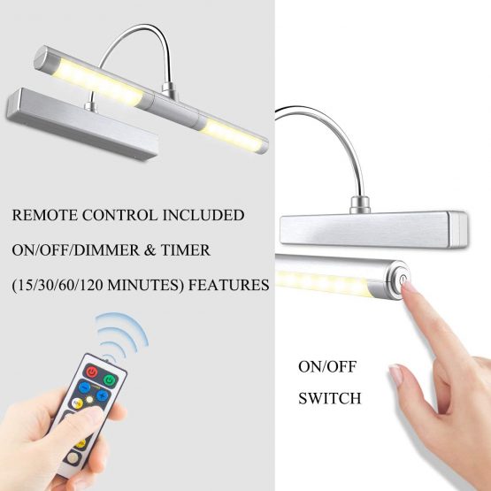 BIGLIGHT Picture Light with Remote Control,Wireless Battery Operated LED Wall Lights,13 Inches Rotatable Light Head with 3 Lighting Modes, Dimmable Display Picture Lights for Dartboard Pictures-Silver - Image 3