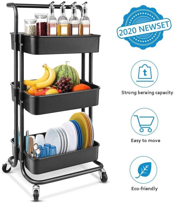 Storage Trolley Cart - 3 Tier Rolling Utility Organizer Rack, Craft Art Cart, Multi-Purpose Organizer Shelf, Tower Rack Serving Trolley for Office Bathroom Kitchen Kids’ Room Laundry Room, Black