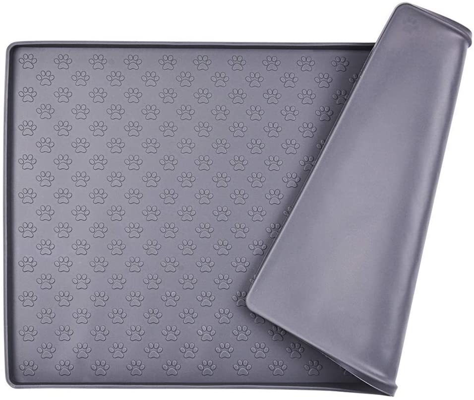 MOACC Dog Food Mat, Silicone Pet Feeding Mat, Non Slip & Waterproof Bowl Mat for Dog and Cat 47 x 30 cm, Grey Paw Pattern