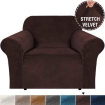 BellaHills Real Velvet Stretch Sofa Covers Couch Covers Sofa Slipcovers Furniture Protector for Sofas | Form Fitted with Elastic Bottom, Ultra Thick Soft Non Slip Covers (1 Seater, Brown)