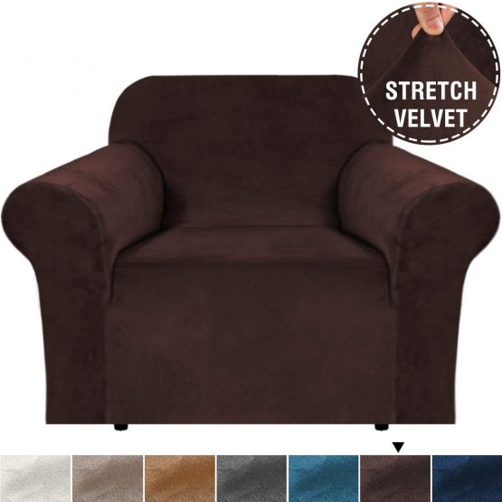 BellaHills Real Velvet Stretch Sofa Covers Couch Covers Sofa Slipcovers Furniture Protector for Sofas | Form Fitted with Elastic Bottom, Ultra Thick Soft Non Slip Covers (1 Seater, Brown)
