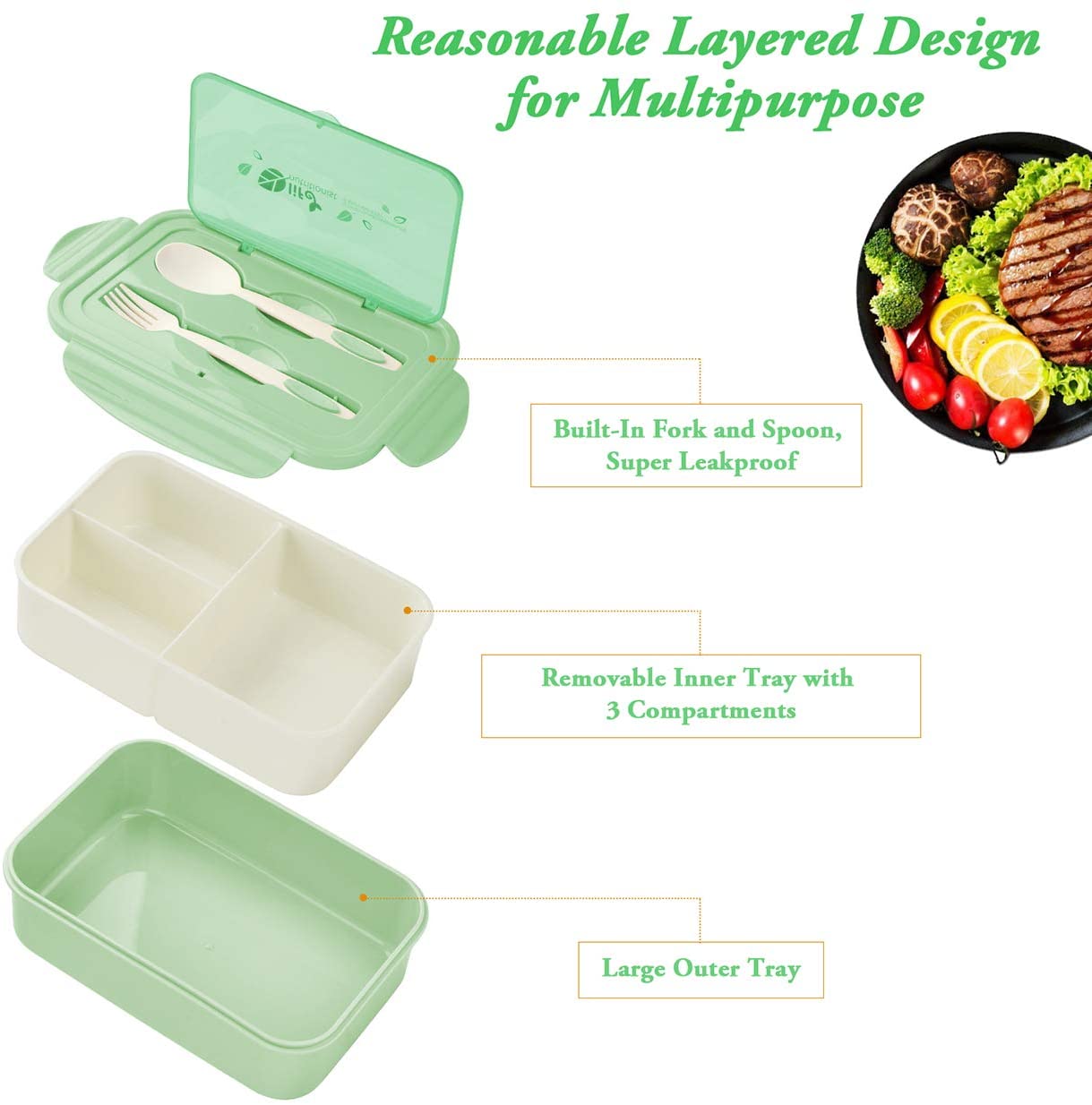 BIBURY Lunch Box, Leakproof Bento Box for Kids Adults Food Container with 3 Compartments and Cutlery Set, BPA Free - Image 2