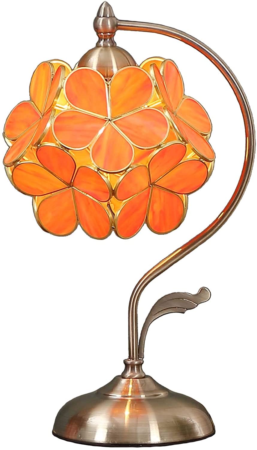 Bieye L30753 Tiffany Style Stained Glass Flower Petal Table Lamp with Brass Base for Home Décor (Orange, 8" Cherry Blossom)