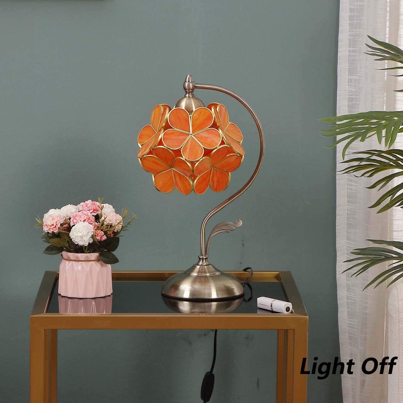 Bieye L30753 Tiffany Style Stained Glass Flower Petal Table Lamp with Brass Base for Home Décor (Orange, 8" Cherry Blossom) - Image 2
