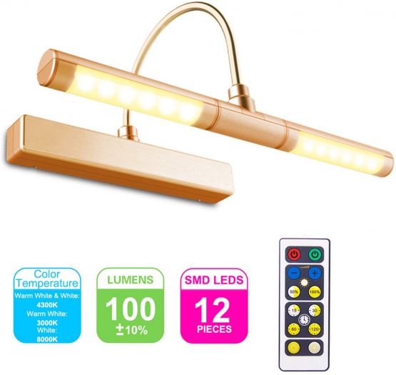 HONWELL LED Picture Light with Remote Wireless Battery Operated Wall Light, Rotatable Light Head 3 Lighting Modes, 180 Degree Swing Arm Dimmable Display Lamp Timer for Painting Dartboard