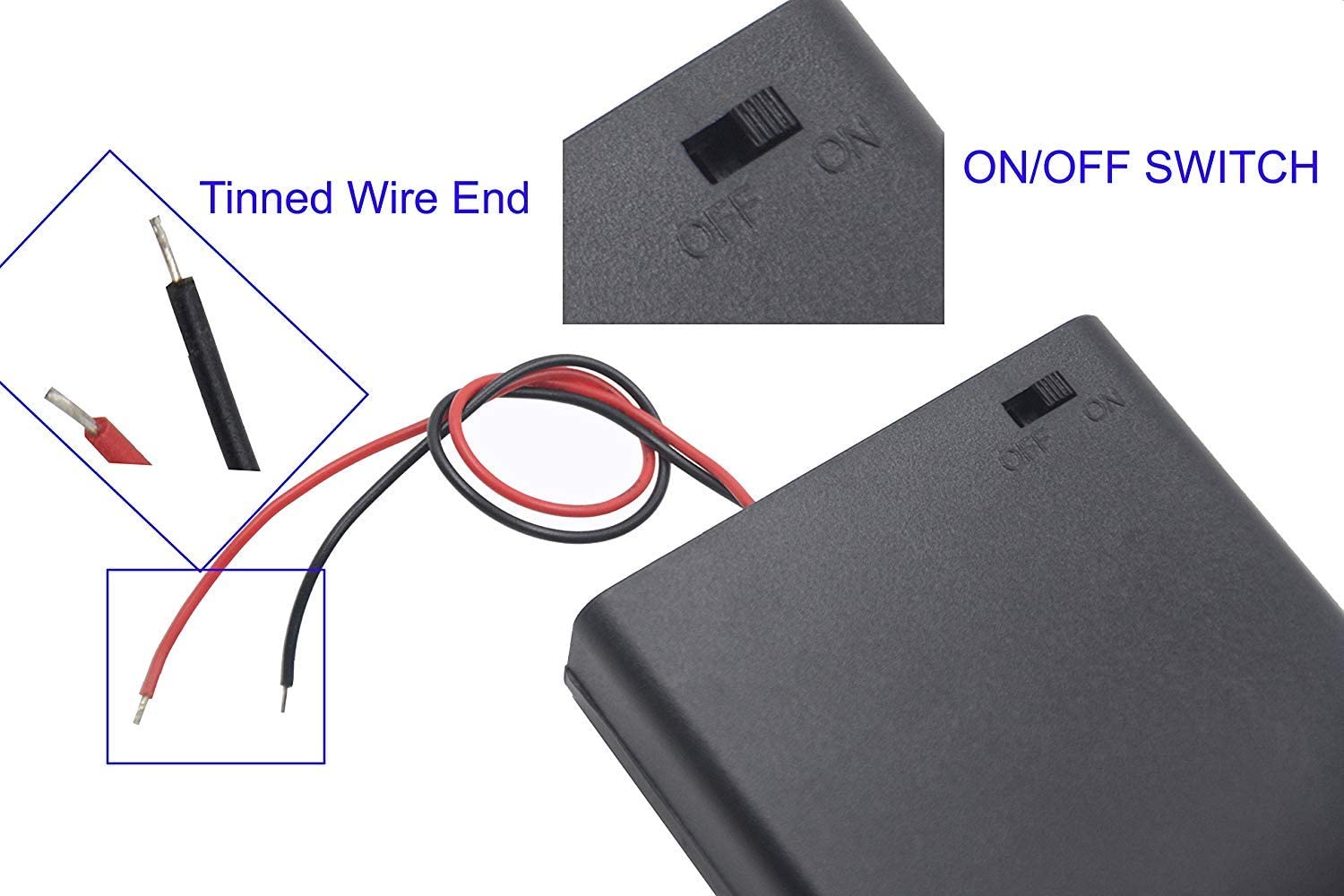 GTIWUNG 6Pcs 4 AA Battery Holder with Switch and Cover,Battery Holder Case Box with Wires,Black Plastic Batteries Case with Pin - Image 3