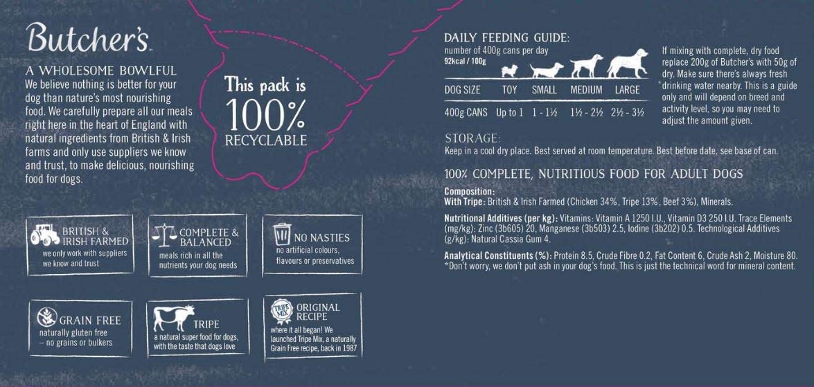 Butcher's Wet Dog Food Tin Cans Grain Free Tripe Mix 9.6kg (24 x 400g), 9.6 kg (Pack of 1) - Image 4