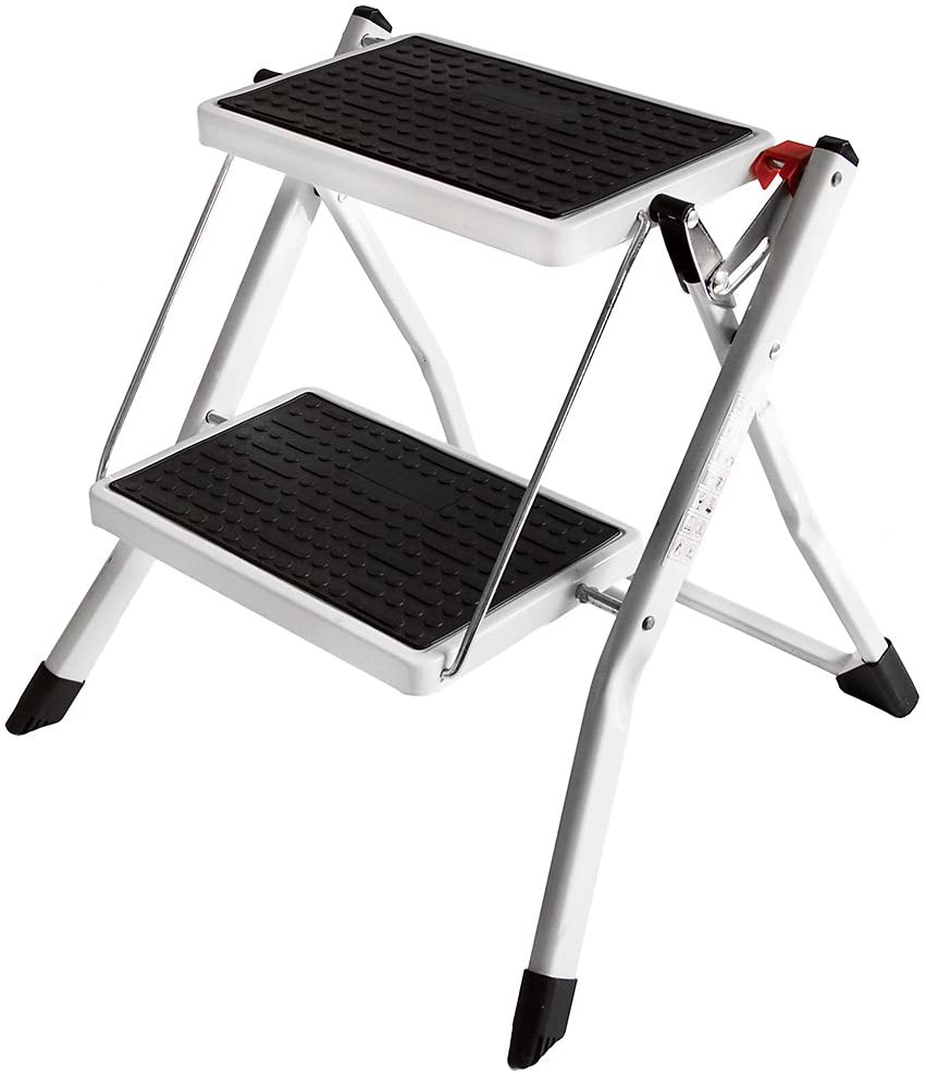 Home Vida 2 Step Ladder Compact, Heavy Duty Steel, Portable Folding, Anti-Slip Mat, Home, Kitchen, DIY, Gardening Step Ladder