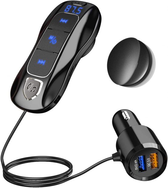 SONRU Bluetooth 5.0 FM Transmitter, Bluetooth Adapter Car Radio Audio Transmitter Handsfree Car Kit with QC3.0 USB Port,A2DP Crystal Sound, 1.1M Cable, Battery Voltage Display, TF Card Play