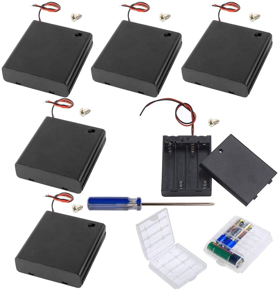 GTIWUNG 6Pcs 4 AA Battery Holder with Switch and Cover,Battery Holder Case Box with Wires,Black Plastic Batteries Case with Pin