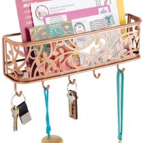 mDesign Modern Letter Holder – Metal Wall Mounted Letter Rack with Key Hooks – Post Sorter for the Entrance and Hallway – Copper
