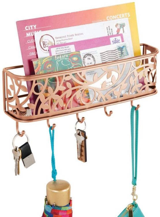 mDesign Modern Letter Holder – Metal Wall Mounted Letter Rack with Key Hooks – Post Sorter for the Entrance and Hallway – Copper