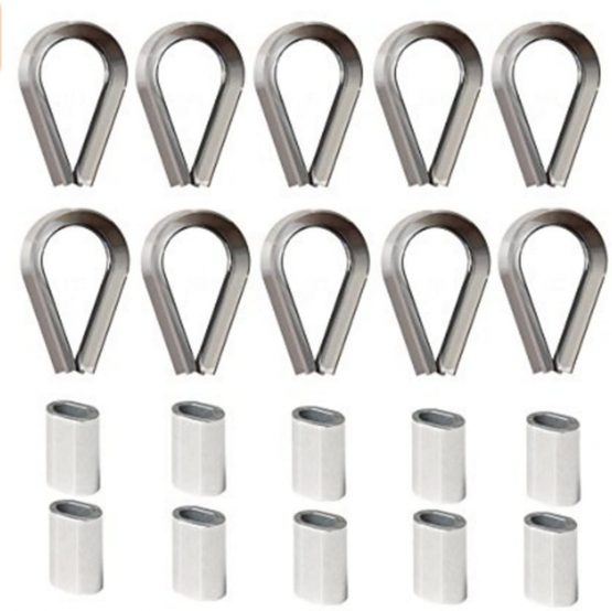 Veda® 10 x 4mm stainless steel wire rope thimble Rigging 4mm AISI 316, V4A + 10x Wire Rope Swage Clip M4 Oval Aluminum Sleeves Clamps