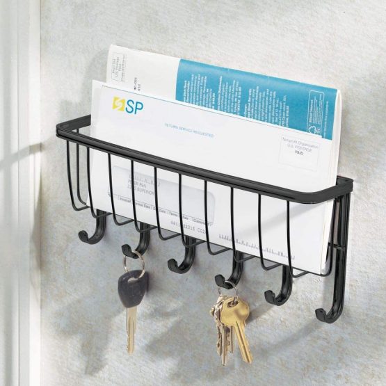 mDesign Mail Holder with Key Hooks - Modern and Practical Mail Basket with Key Storage - Mail Organiser Basket with Key Hanger - Matte Black - Image 2
