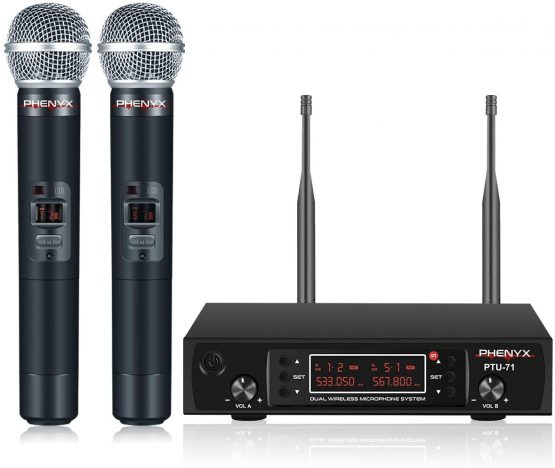 Wireless Microphone System, Phenyx Pro Dual Channel Cordless Mic Set With 2 Handhelds, 2x200 Channels, Auto Scan, Lock Function, 328ft Coverage, Ideal for DJ, Church, Events(PTU-71A)
