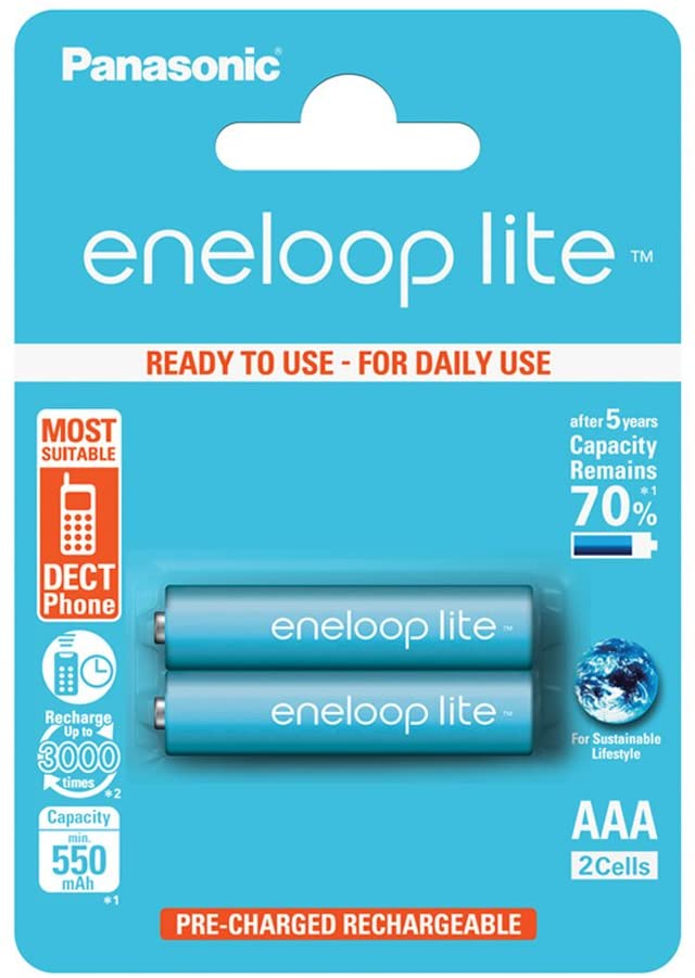 Panasonic BK-4LCCE/2BE Eneloop Lite Micro AAA 550 mAh Rechargeable Battery (Pack of 2), Blue, 2 Count (Pack of 1)