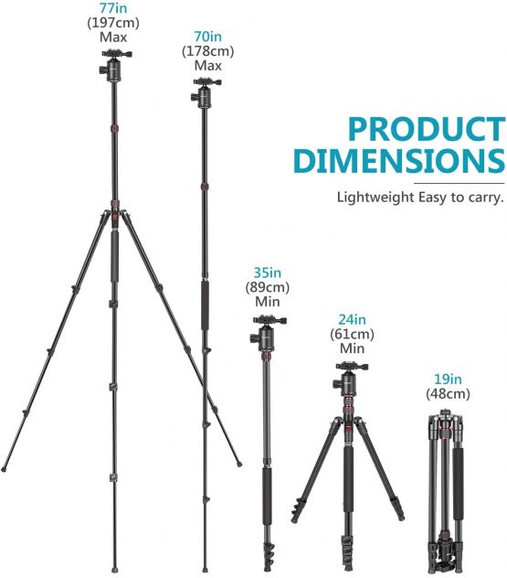 Neewer 77-Inch Tripod, Camera Tripod for DSLR, 2-in-1 Compact Aluminum Tripod Monopod with 360 Degree Ball Head, 2 Center Axis, QR Plate and 8 Kilograms Load for Travel and Work, Carry Bag Included - Image 3