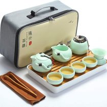 fanquare Portable Travel Tea Set, Handmade Kungfu Tea Set, Porcelain Teapot, Teacups, Bamboo Tea Tray with a Portable Travel Bag, Green