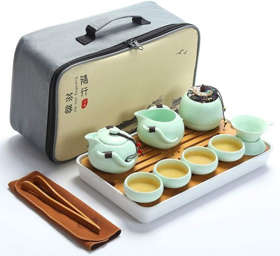fanquare Portable Travel Tea Set, Handmade Kungfu Tea Set, Porcelain Teapot, Teacups, Bamboo Tea Tray with a Portable Travel Bag, Green