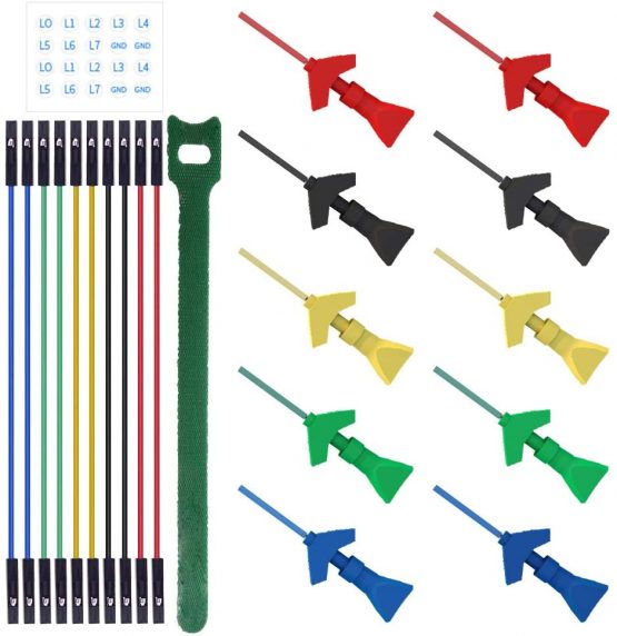 Cleqee 10PCS SMD IC Test Hook Clips Silicone Jumper Mini Grabber Cable Probe Test Leads Kit Compatible for Dupont Pin Header Logic Analyzer 5 Colours