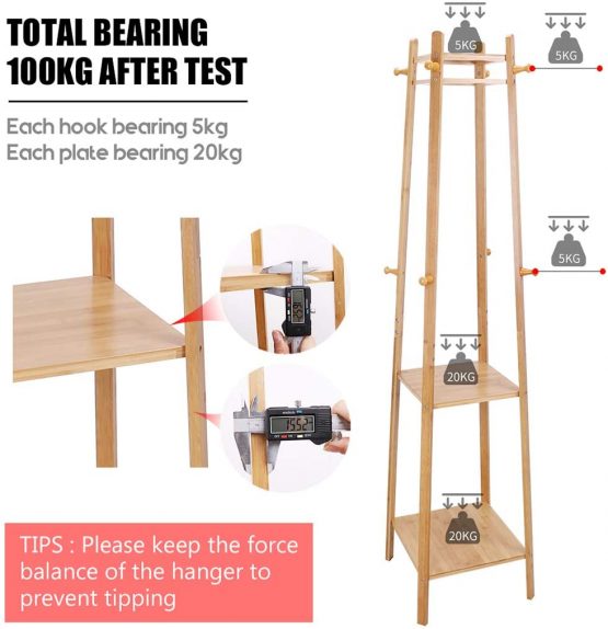 unho Coat Stand Rack Hanger: Bamboo Coat Rack with Shelf Coat Trees Free Standing Garment Stand Clothing Rail with 8 Hooks for Hats Clothes Bag Shoes - Image 3